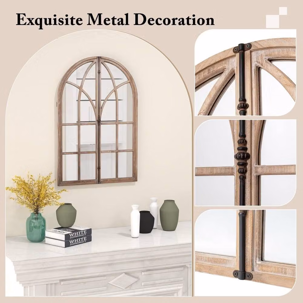 Costway Arched Window Pane Farmhouse Wall Mounted Decorative Mirror in Natural Brown – 2