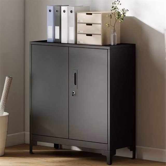 Kelvenix Modern Black Metal Filing Cabinet with Lock and Hinged Doors, Height: 100 cm