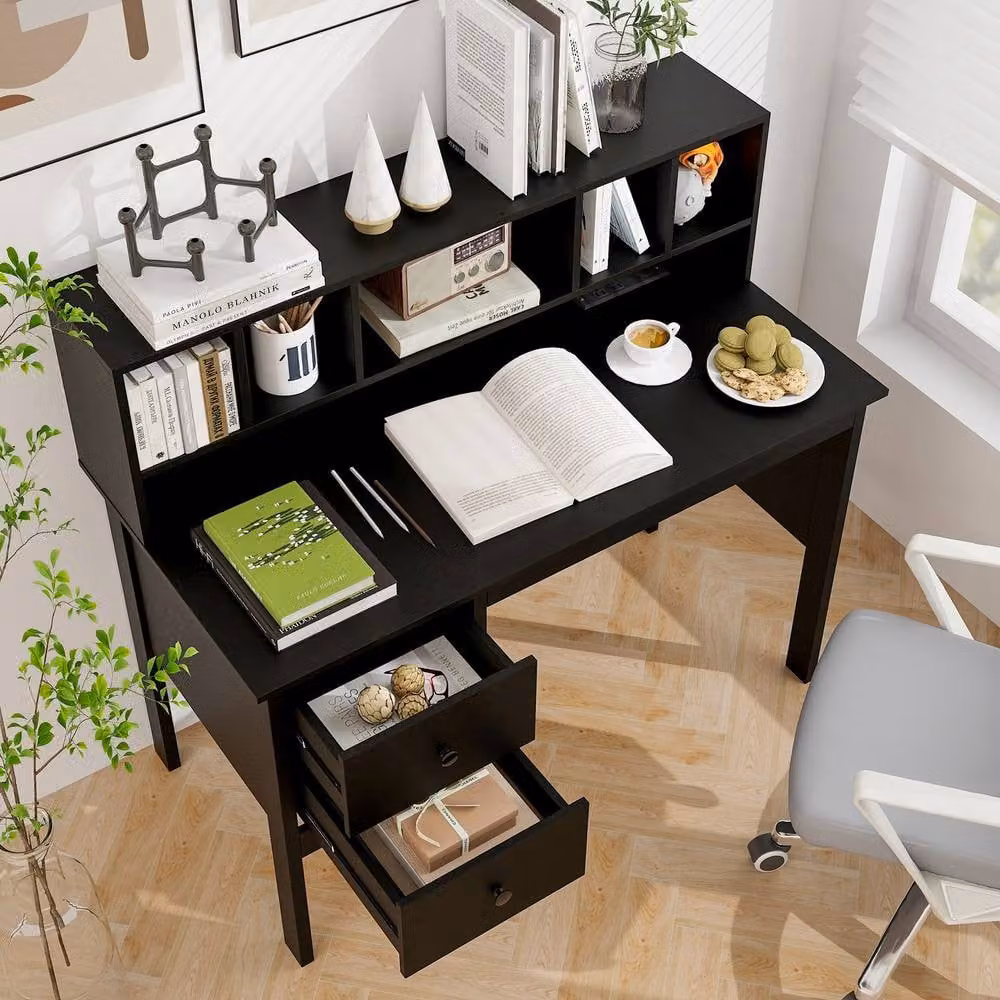 Costway Black Computer Desk with Power Outlets and Drawers, 120 cm Width – 9