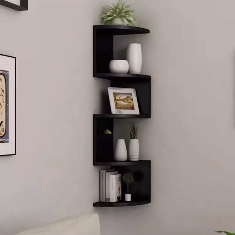 VOGREX 5 Tier Black Wooden Corner Floating Wall Mount Shelves – 3