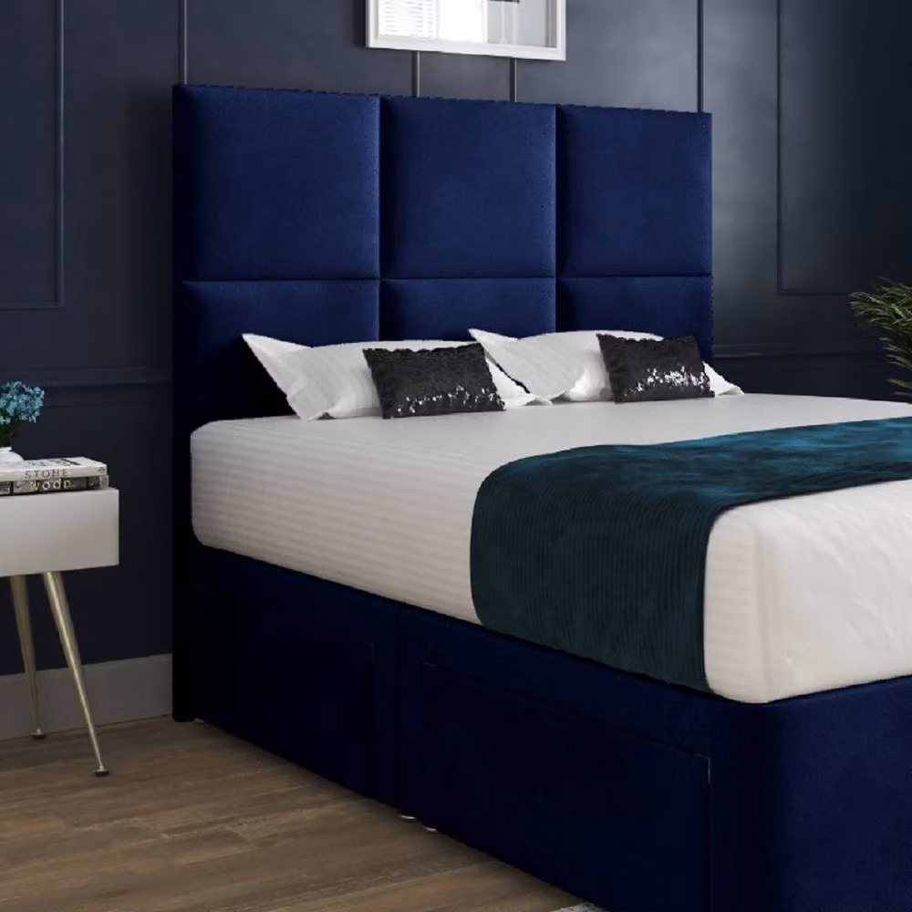 KDMD Isham Blue Velvet Upholstered King Size Designer Bed Frame with Floorstanding Headboard and Drawers W/D/H: 180 x 200 cm – 4