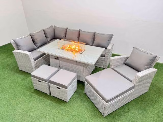 Fimous 10 Seat Rattan Garden Furniture Set with L-Shape Corner Sofa, Gas Fire Pit Table and 3 Footstools in Light Grey