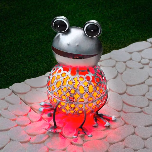 Globrite Metal Frog Solar Garden Ornament with Multicolour Changing LED Light, W/D/H: 18.0 x 12.0 x 12.0 cm
