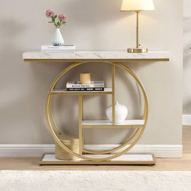 Mona Vale Furniture 4-Tier White Marble and Metal Console Table with Circle Frame for Hallways and Living Rooms – 1