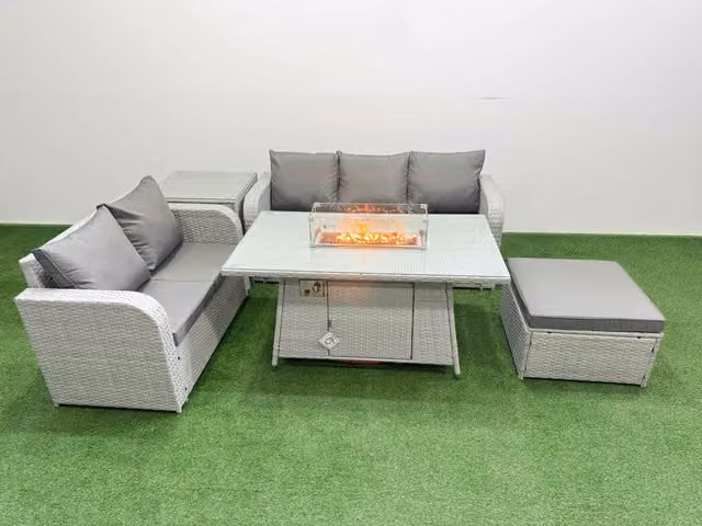 Fimous 6 Seater Grey PE Rattan Wicker Garden Furniture Set with Firepit Dining Table, 3 Seater Sofa, Love Seat and Large Footstool