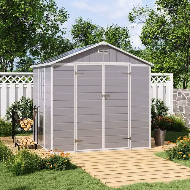 Komore Apex Gable Roof Garden Tool Shed Patio Storage House in Grey, W/D/H: 230 x 200 x 226.5 cm