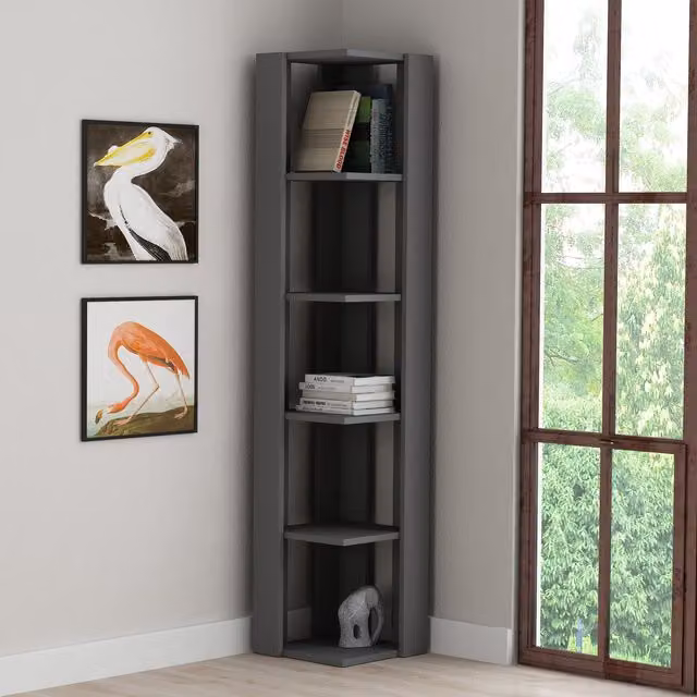 Decortie Nati Modern Tall Corner Bookcase Display Unit in Anthracite Grey, H 161 cm x W 34 cm x D 34 cm – 1