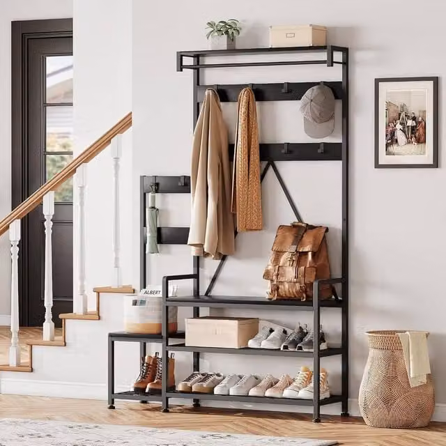 London Boutique Industrial Hall Tree with Shoe Rack Bench and Hooks in Black