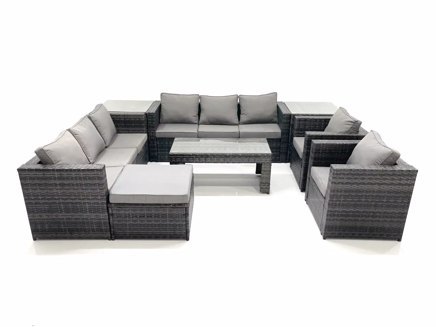 Fimous Rattan Garden Furniture Set in Dark Grey with U-Shape 3-Seater Sofa, Armchair, Coffee Table, Two Side Tables and Ottoman – 2