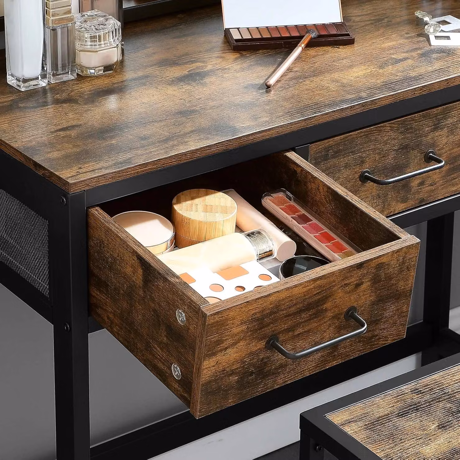 VASAGLE Industrial Vanity Set with Tri-fold Mirror and Storage, Brown – 4
