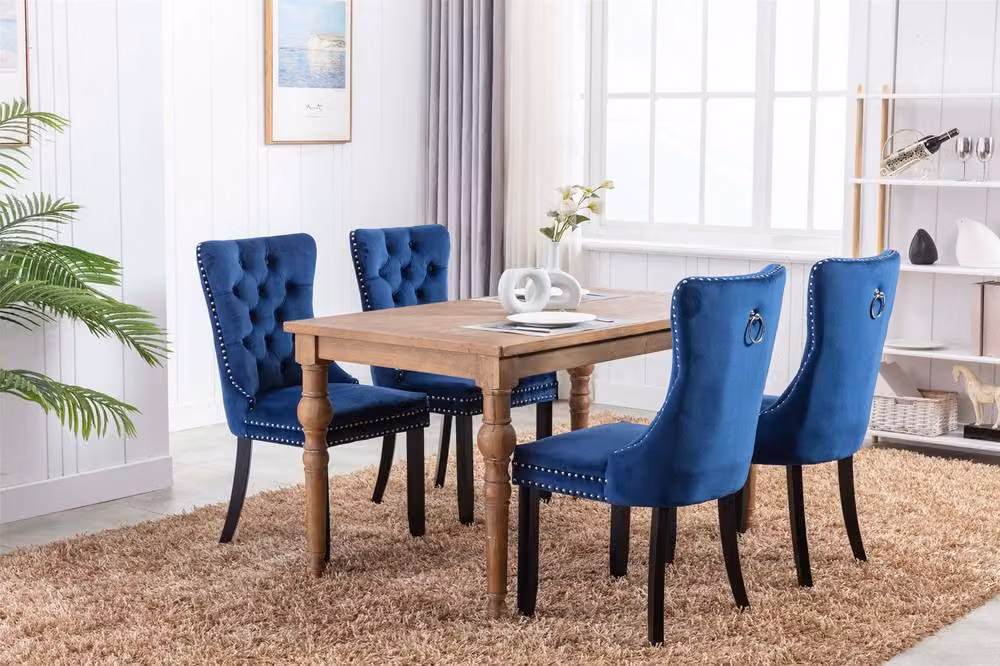 Modern Home Touch Romsey Set of 4 Blue Velvet Upholstered Dining Chairs with Oak Legs and Knocker Ring Back – 2