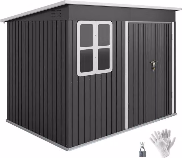 Rolipo Galvanised Steel Pent Shed with Foundation Kit and Window, Dark Grey, W/D/H: 260 x 190 x 177 cm