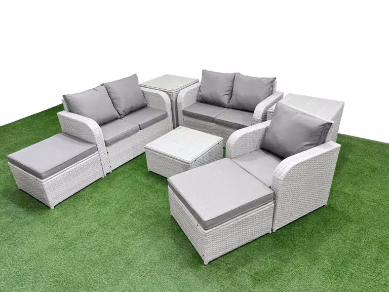 Fimous Grey Poly Rattan Garden Furniture Set with Upholstered Cushions, 2-Seater Sofa, Reclining Armchair, Coffee Table and Ottomans