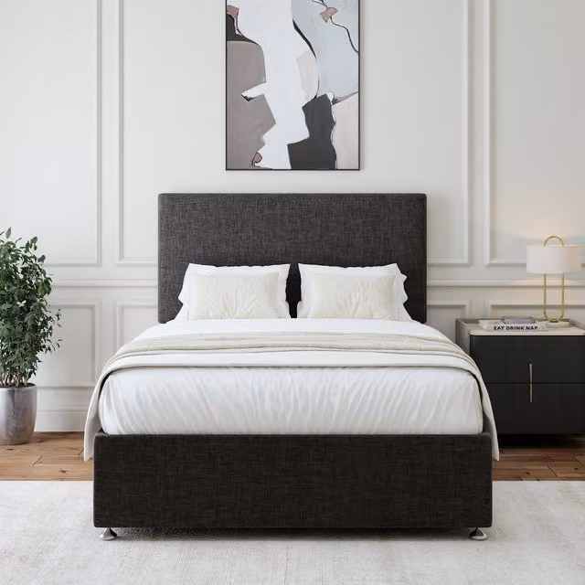 Bedmaster Modern Upholstered Linen Divan Base with Storage Drawers and Plain Headboard in Grey, Width: 135 cm
