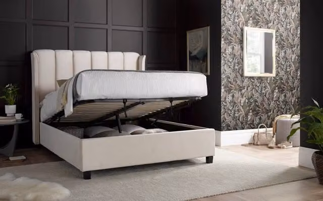 Bedmaster Aurora Velvet Ottoman Bed and Memory Maestro Memory Foam Mattress in Light Stone, King Size (W/D: 180 x 200 cm) – 1