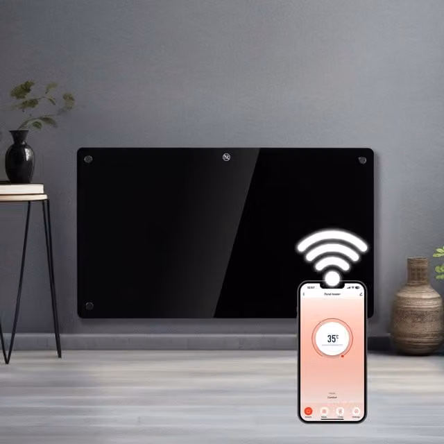Futura WiFi Glass Electric Panel Heater, Wall Mounted, Black, W: 76.5 cm