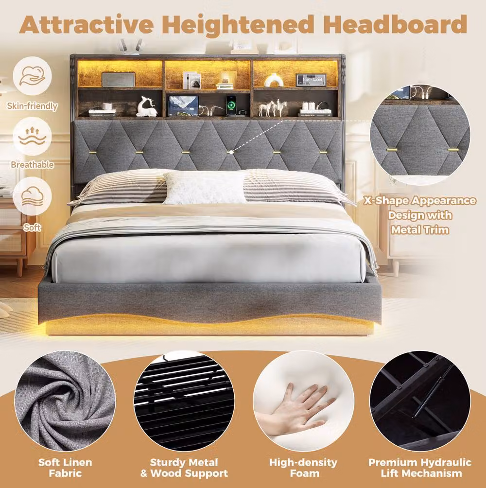 STILVORA King Size Upholstered Bed Frame in Grey with Hydraulic Storage, LED Lighting and USB Charging Port, W/D/H: 180 x 200 cm – 4