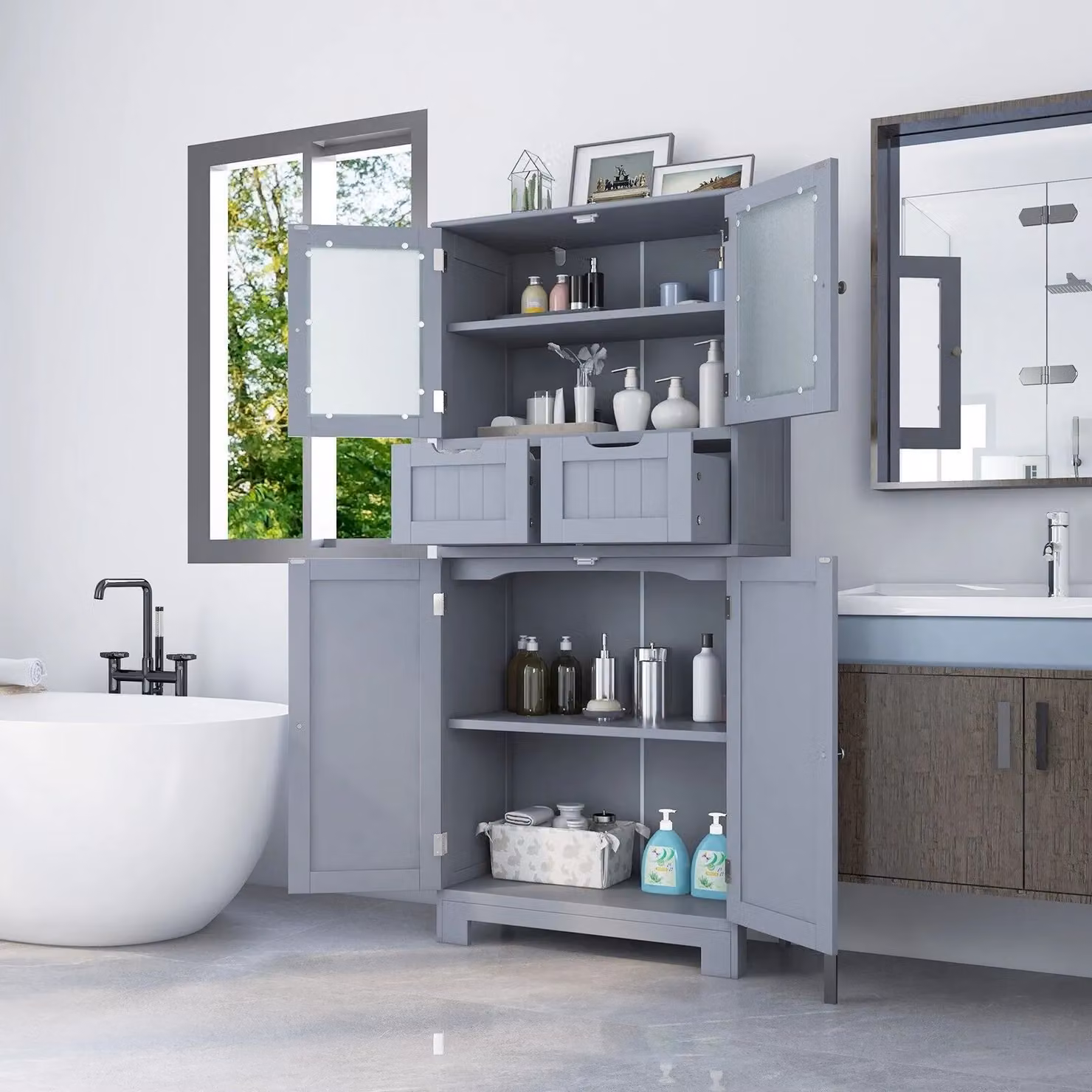Gymax Tall Grey Bathroom Cabinet with Double Hinged Doors and 2 Internal Drawers – 3