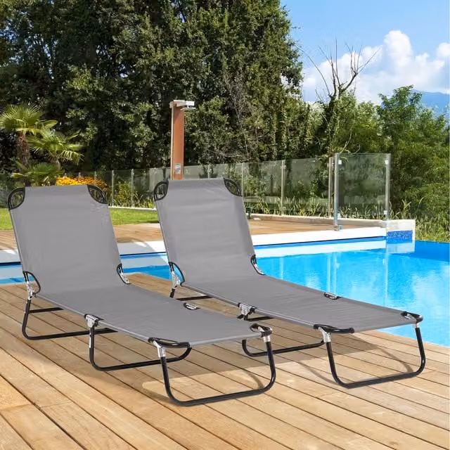 Outsunny Set of Two Grey Folding Sun Loungers with Adjustable Headrest and Textilene Fabric