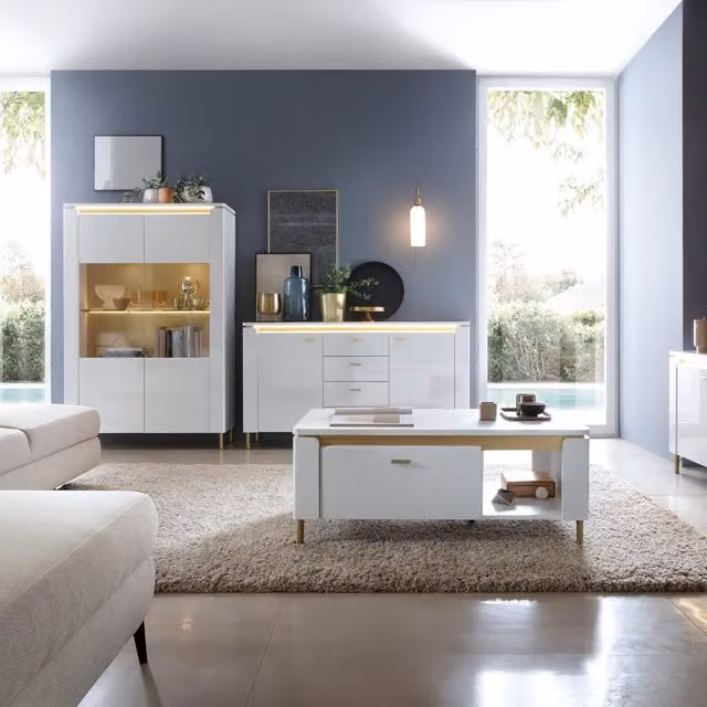 Furniture To Go Lazio Modern Glossy Display Cabinet in White and Gold with Glass Doors and Integrated LED Lighting