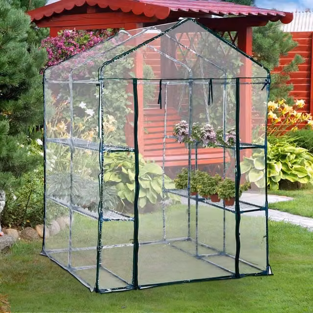 Outsunny Portable Walk In Greenhouse with 8 Shelves and Metal Frame, Transparent, Height: 143 cm