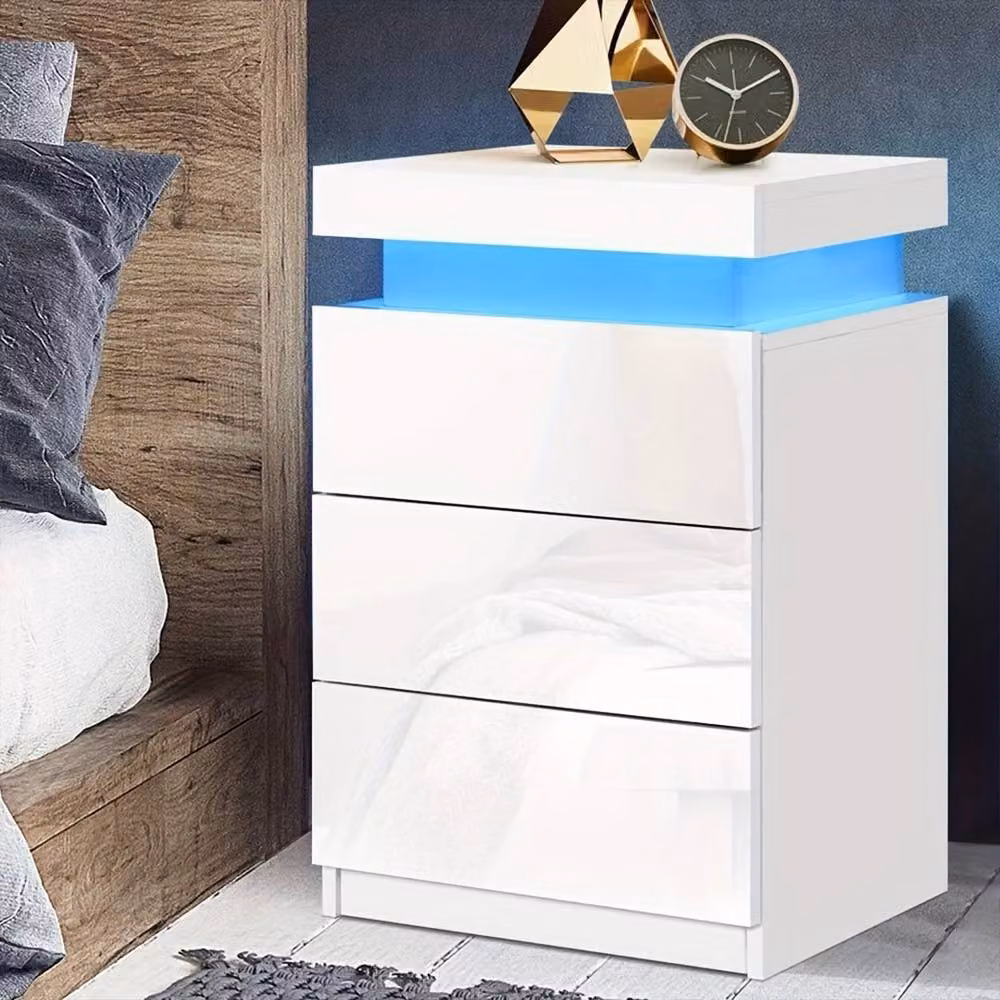 Ventryn White High Gloss Bedside Table with RGB LED Lighting and 3 Drawers – 2