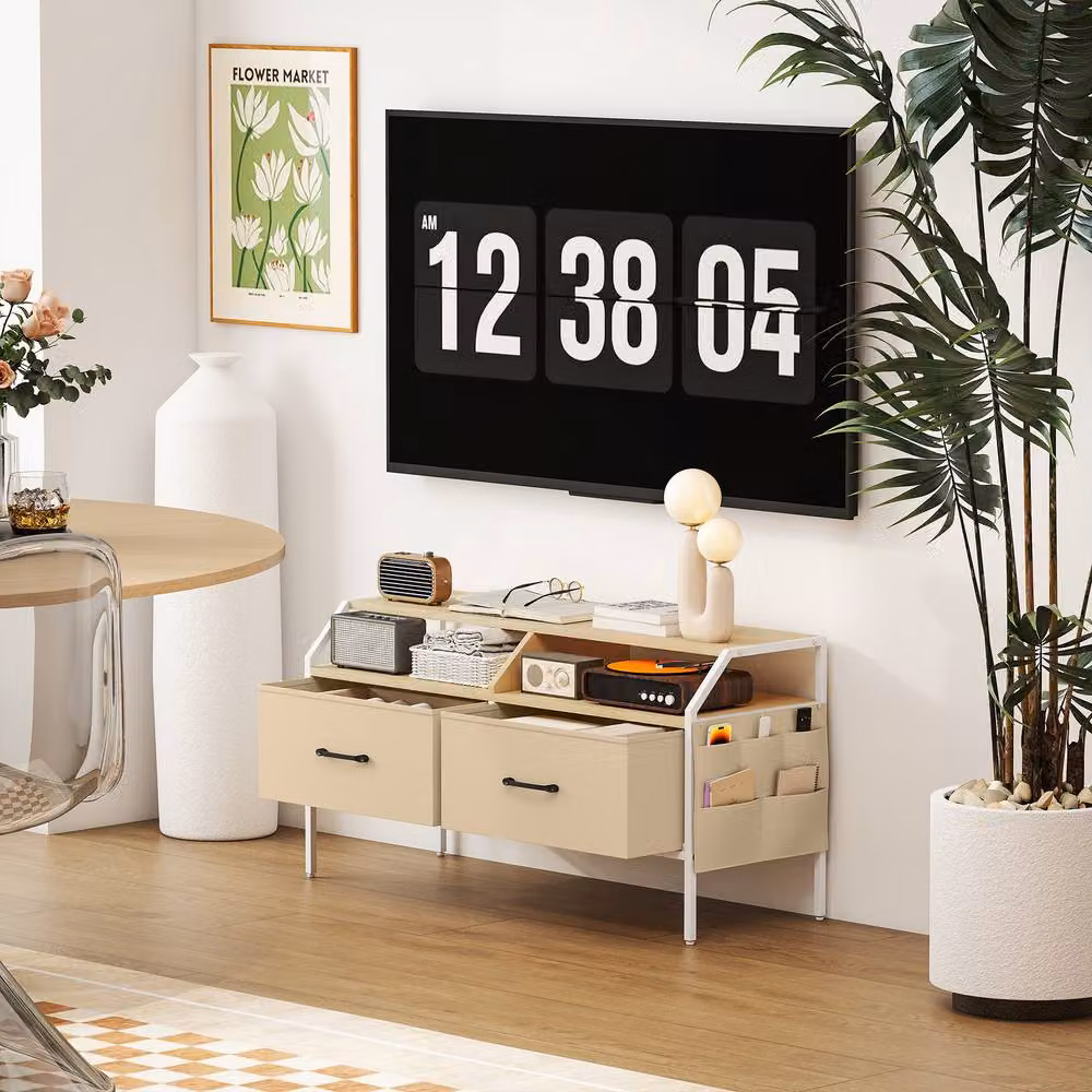 STILVORA Industrial TV Unit with 2 Drawers and Side Pockets in Beige Matt Finish – 8