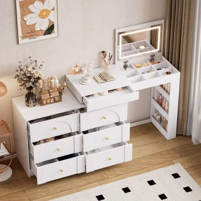 Merax L-Shaped Extendable Dressing Table with LED Flip Mirror and 7 Drawers in White and Gold – 1