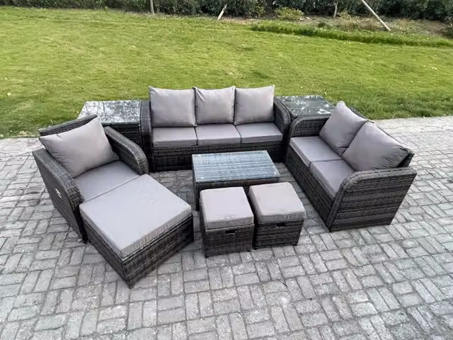 Fimous 9 Piece Grey Rattan Garden Furniture Set with Upholstered Cushions, Coffee Table, Loveseat Sofa, 3 Footstools and 2 Side Tables