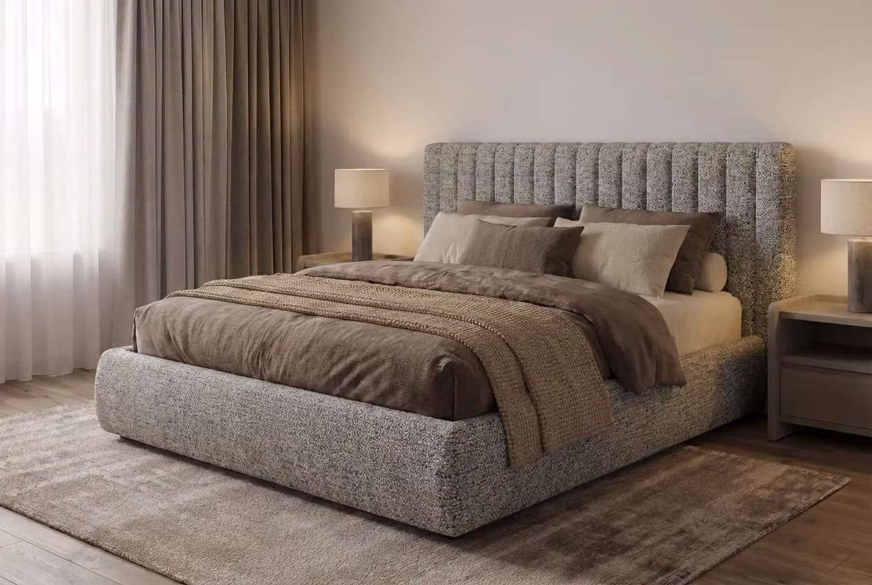 Araco Atelier Haven Speckle Upholstered Modern Bed in Grey Multicolour