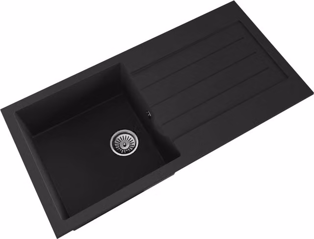 Balterley Reversible Single Bowl Composite Kitchen Sink with Drainer and Overflow, Matt Black, Width: 100 cm