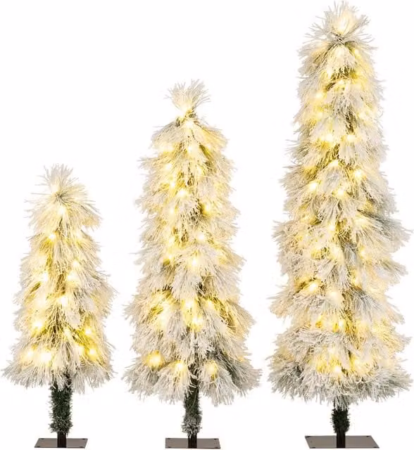 Gymax 3-Piece Pre-lit Snow Flocked Christmas Tree Set in Green and White – 1