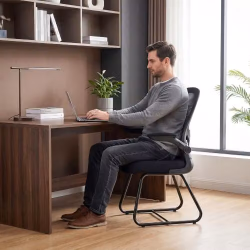 HOMCOM Black Conference and Reception Office Chair with Flip-up Armrests and Mesh Fabric – 9