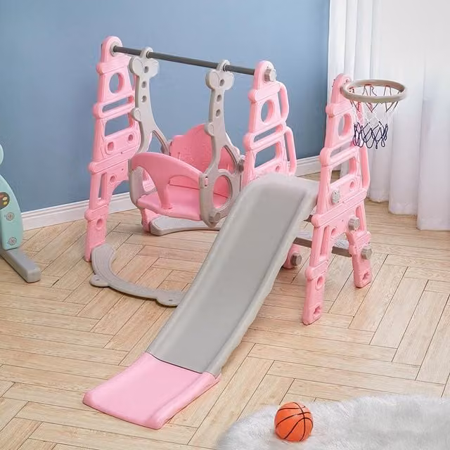 Livingandhome 3 In 1 Kid Slide Swing Set in Pink