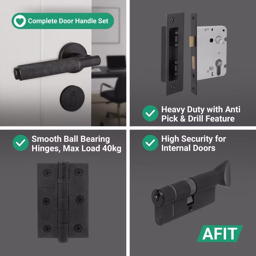 AFIT Black Door Handle Euro Lock Thumbturn Cylinder Set with Hinges, W/D/H: 15.0 x 15.5 x 6.0 cm – 4