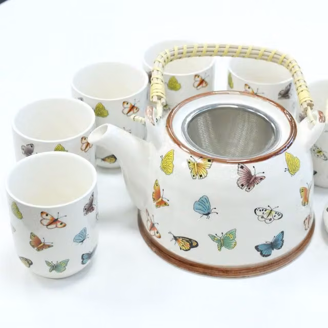 KDMD Ceramic Herbal Teapot Set with Infuser in Multicolour Butterfly Design