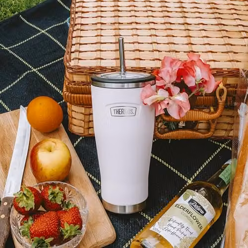 Thermos Icon Series Stainless Steel Travel Mug with Straw, White, 710ml – 6