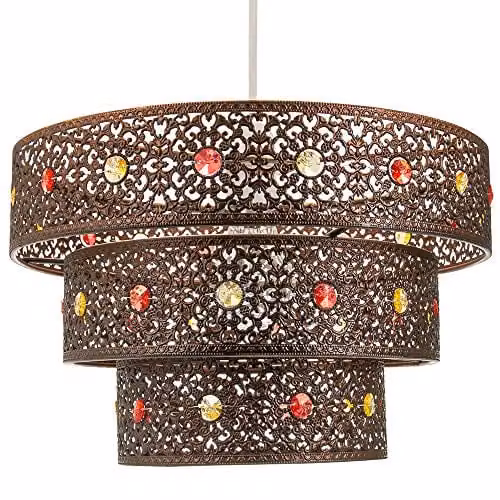 Happy Homewares Moroccan Style Triple Tier Ornate Pendant Light Shade in Antique Bronze with Red and Amber Beads, Width: 30 cm