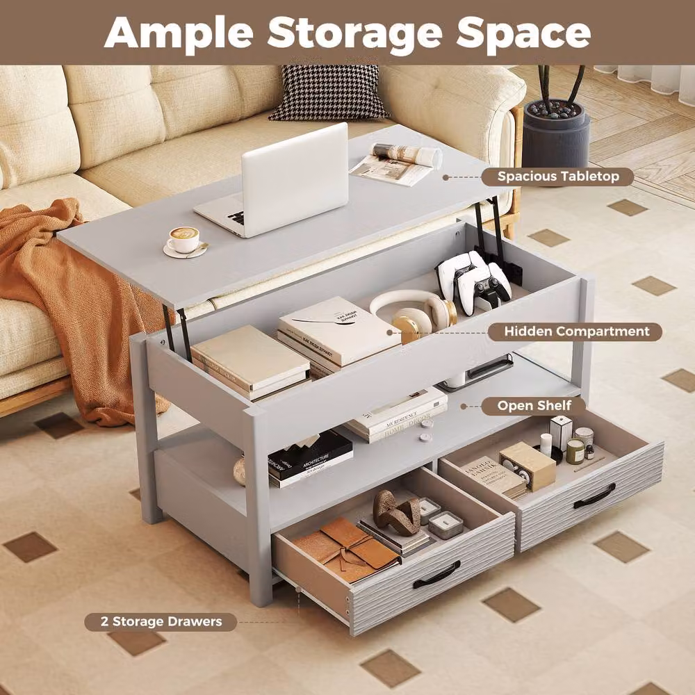 Gymax Rustic Lift Top Coffee Table with Hidden Compartments in Grey, W/D/H: 100 x 63.5 x 45 cm – 4