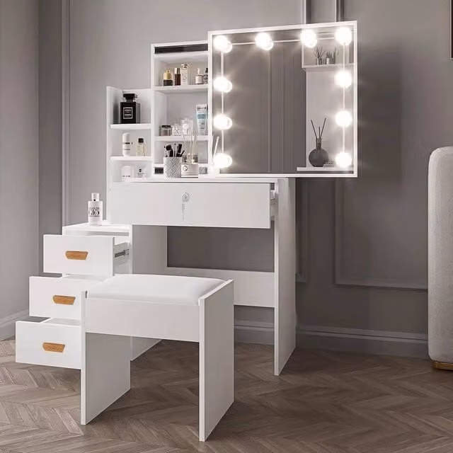 FORGEVIO Modern White Vanity Dressing Table Set with LED Hollywood Mirror, Drawers and Stool – 1