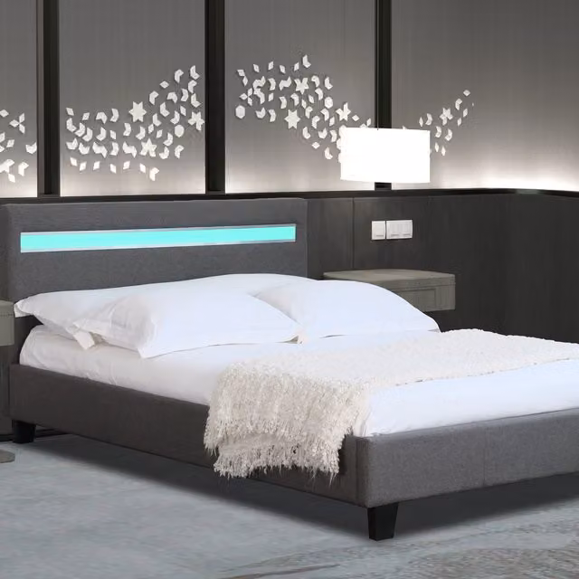 Comfy Living Modern Fabric Bed Frame with LED in Dark Grey, King Size (180 x 200 cm)