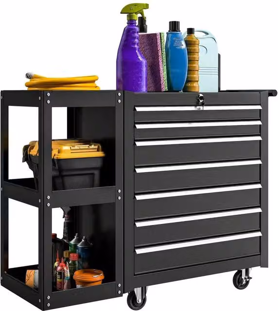 PAWNORA 7 Drawer Lockable Steel Tool Chest on Wheels, Black, W/D/H: 120.0 x 33.5 x 75.0 cm