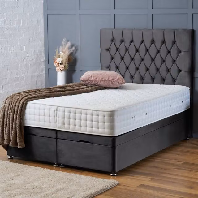 BSSPOKE Mia Ottoman Divan Bed with 54 inch Headboard and Mattress in Charcoal Grey Plush Velvet, W/D/H: 180 x 200 cm – 1