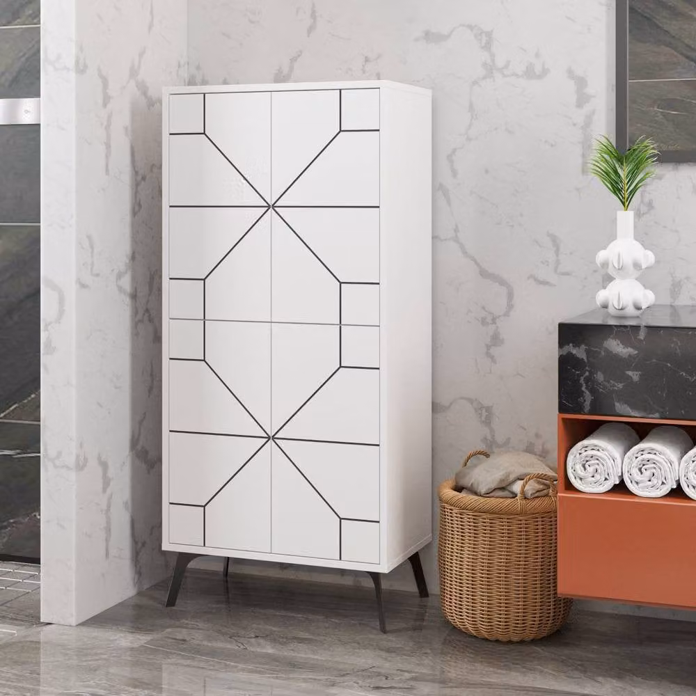 CALICOSY Modern High Sideboard with 4 White Doors and Black Accents in Dune, Height: 136 cm – 2