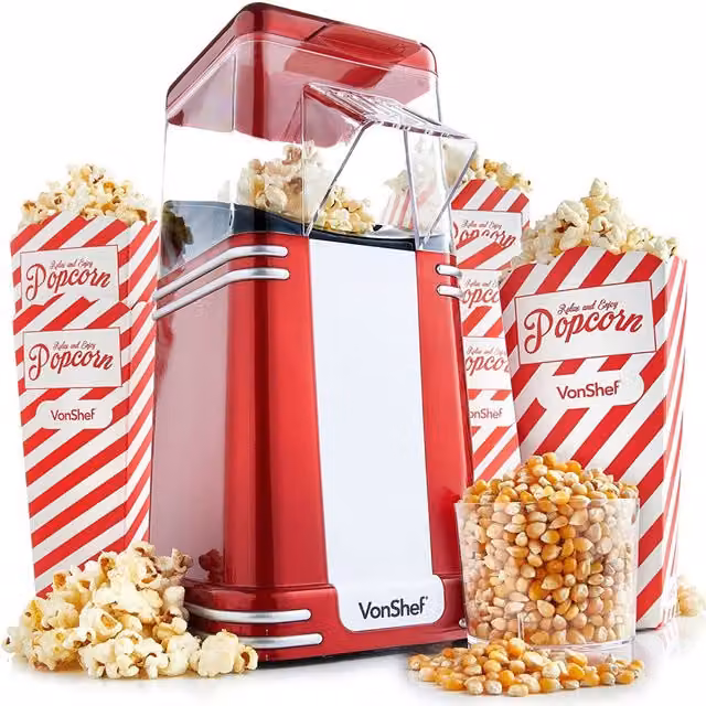 VONSHEF Retro Hot Air Popcorn Maker in Red with 6 Boxes