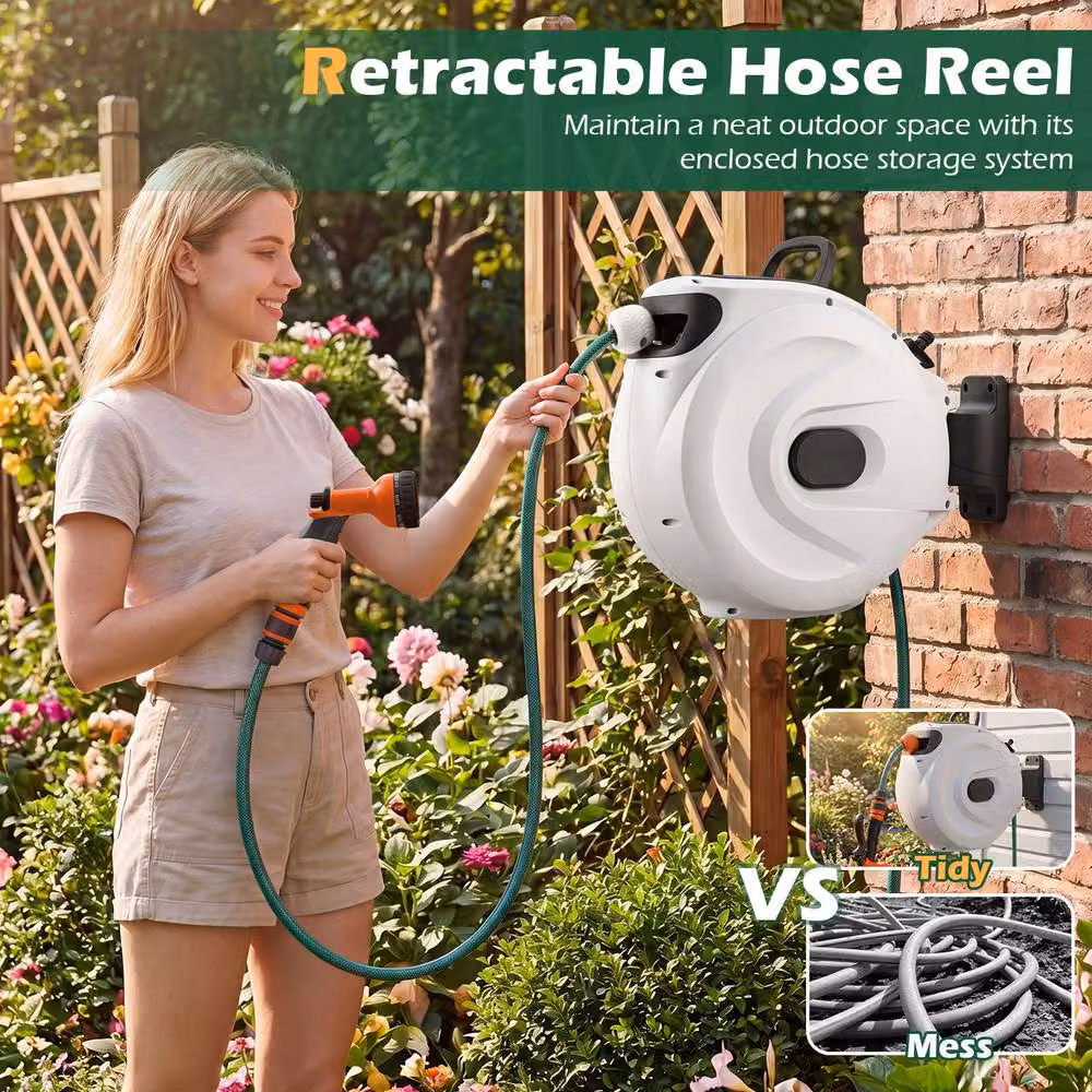 Gymax White Wall-Mounted Retractable Hose Reel with Auto-Rewind, 1/2 Inch x 30m + 2m – 7