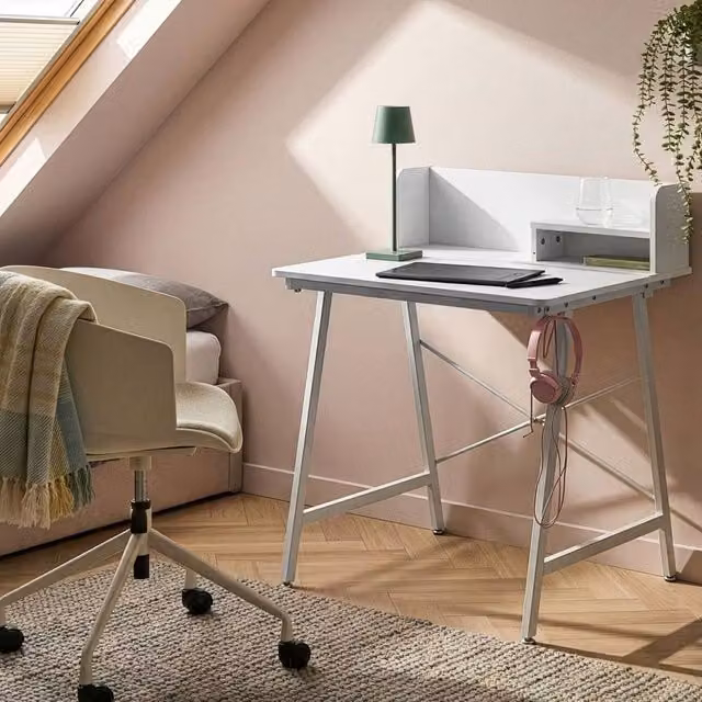 Wyld and Coco Tilting Writing Desk in White with Metal X-Frame Legs