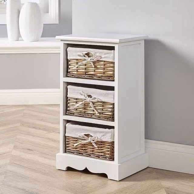 Home Source Lichfield 3 Willow Basket Drawer Chest Storage Unit in White