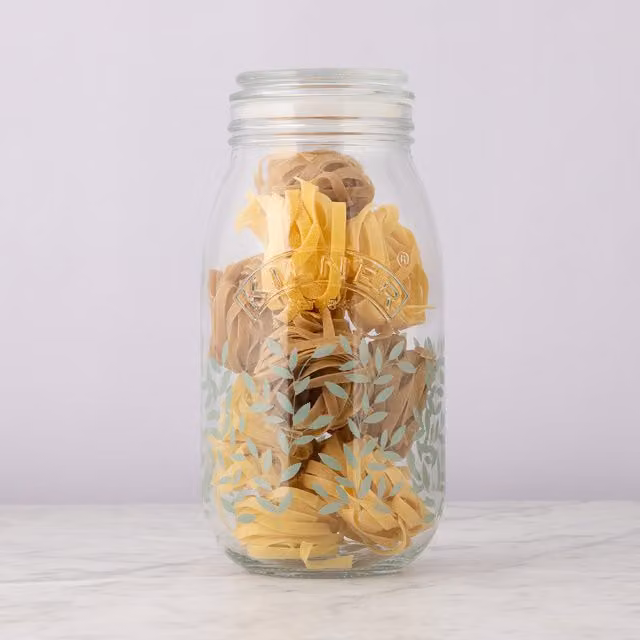 Kilner Botanical Floral Push Top Glass Jar, Transparent and Green, 1.5 l
