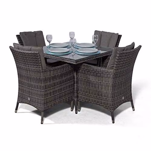 Giardino Savannah 4 Seater Rattan Garden Dining Set with Table, Chairs, Parasol and Cover in Grey and Brown with Aluminium Frame, W/D/H: 90 x 90 x 74 cm – 4